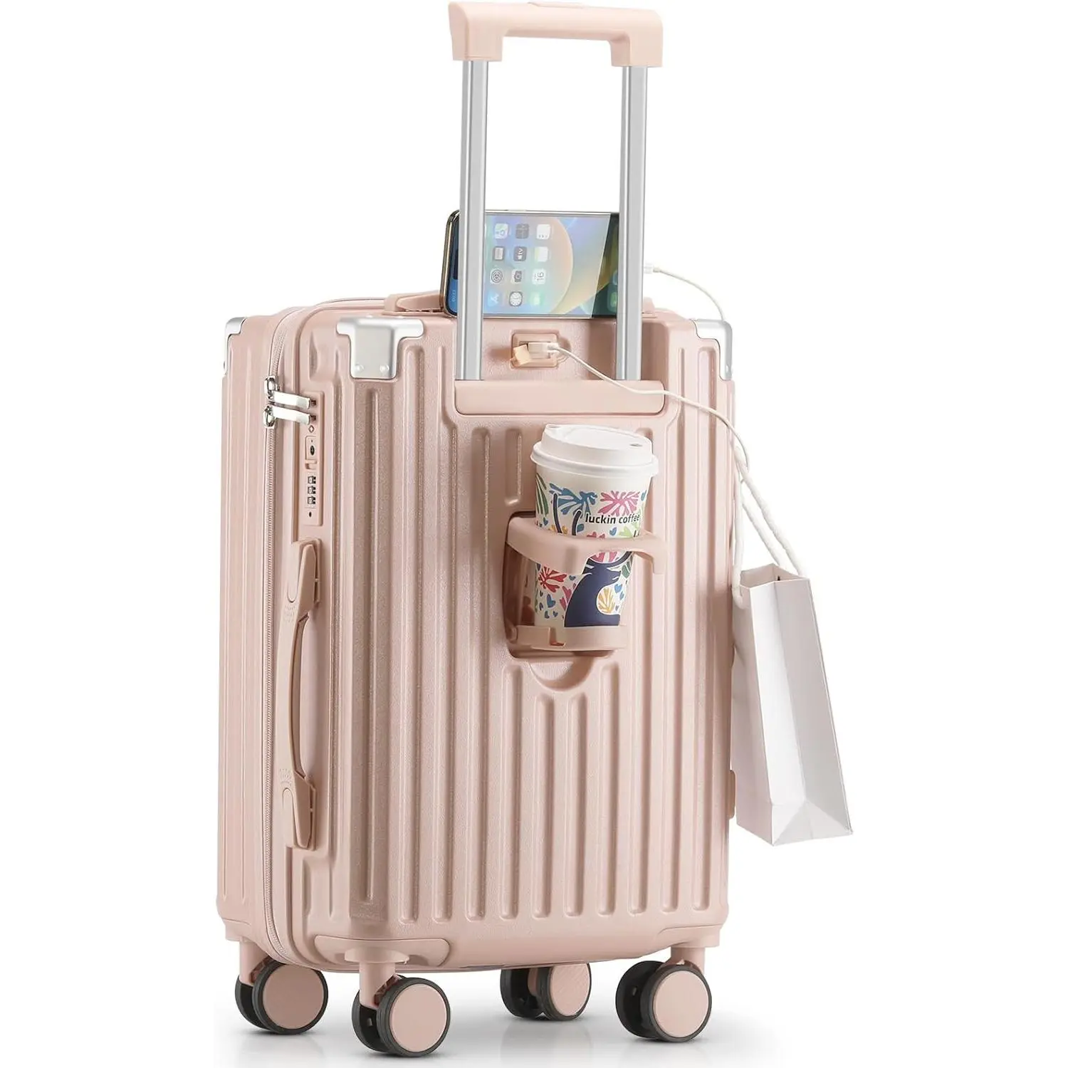 20 Inch Carry On Luggage With Cup Holder & USB Port, Airline Approved TSA-locked Luggage, Lightweight PC Material Travel Suitcase With 360° Spinner Wheel