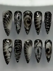 10pcs Goth Dark System Nail Stickers, Cat Eye Pattern + Black & Silver Gradient, Mysterious Filter Welded On Fingertips, Suitable For Daily Dates, Afternoon Tea, Outings