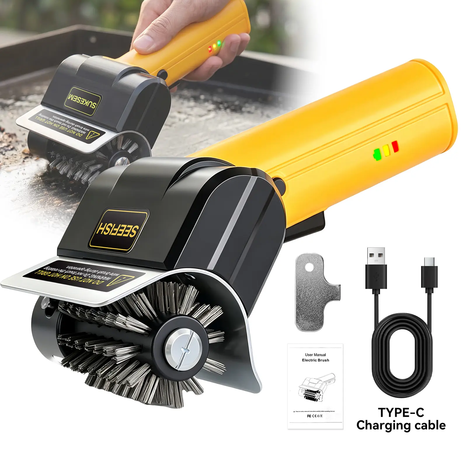 SEEFISH Wireless electric wire cleaning brush, rechargeable high-torque metal brush set, featuring a food-grade stainless steel brush head. Suitable for compact barbecue brushes used in confined spaces, tile joints, terraces, and gardening tools.