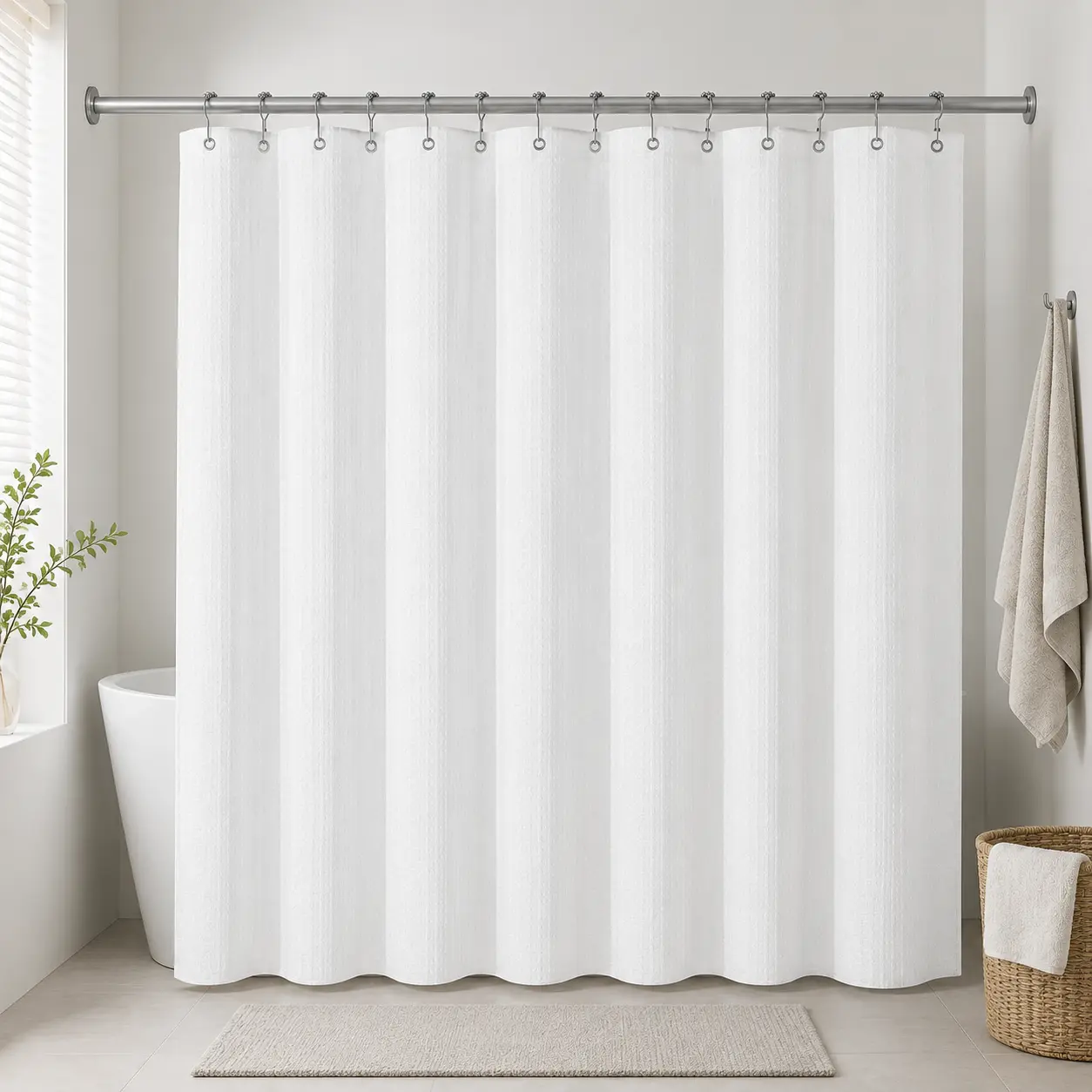 【Back to School】Downluxe Fabric Waterproof Waffle Shower Curtain Liner, Soft Cloth Liner with Magnets, Machine Washable Hotel-Quality Bathroom Accessory