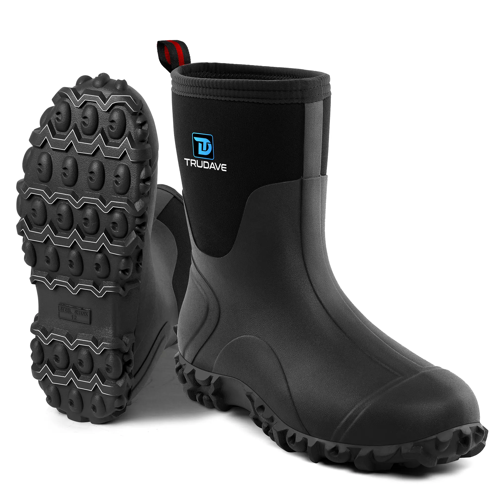 Trudave Rubber Boots for Men, 6mm Neoprene Insulated Mud Boots with Steel Shank, Men's Mid Calf Waterproof Rain Boots, Anti-Slip Rubber Work Boots for Farming, Gardening&Fishing,back to school,back to school haul