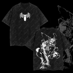 Superstyle Friendly Neighborhood Spidey Hero Dark Mutation Shadow Wallcrawler Symbiote Hero MCU Comic Double Printed Oversize Lightweight Acid Washed Tee TV Series Graphic Design Unisex Top Cotton Streetwear T-Shirt Clothes Menswear Womenswear