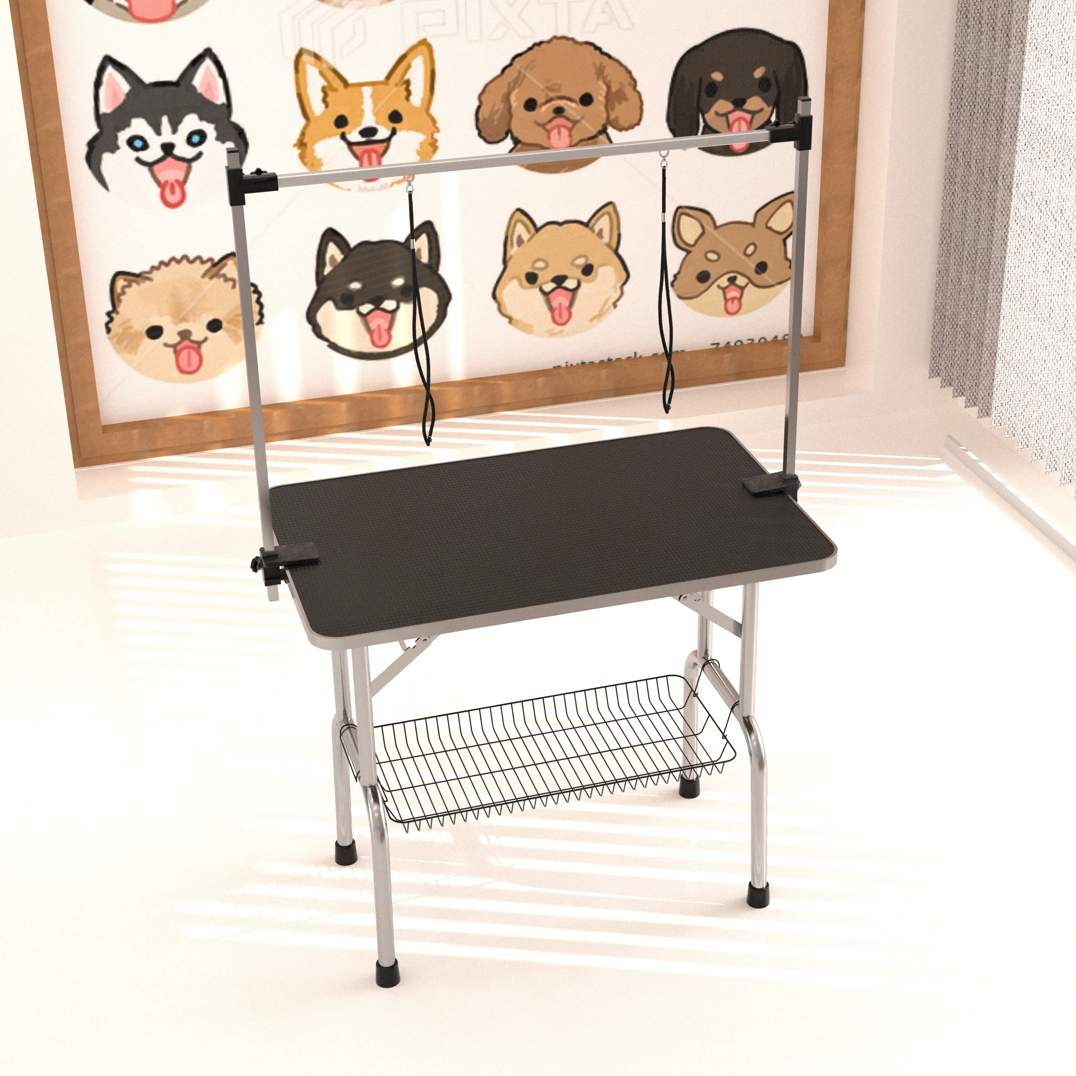 Professional 3-Size Grooming Table (36in/42in/46in) - Adjustable Height & Heavy Duty Portable w/Arm + Loop Restraint | Non-Slip Surface & Detachable Mesh Tray for Dogs/Cats | Salon-Grade Stability,Black
