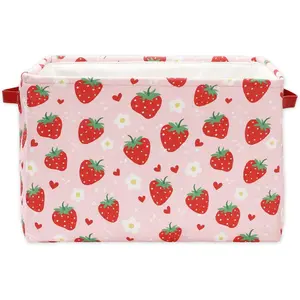 Strawberry Storage Basket Foldable Strawberry Flower Heart Storage Bin with Handle Red  Fabric Storage Box for  Office Organizer Decor, 15 x 10.2 x 9.4 Inch