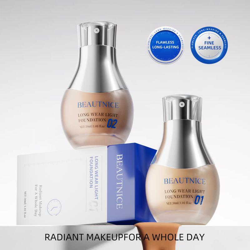 BEAUTNICE Long Wear Light Foundation, Available in Shades 01 and 02, 30ml, Long-Lasting Formula for a Flawless All-Day Look