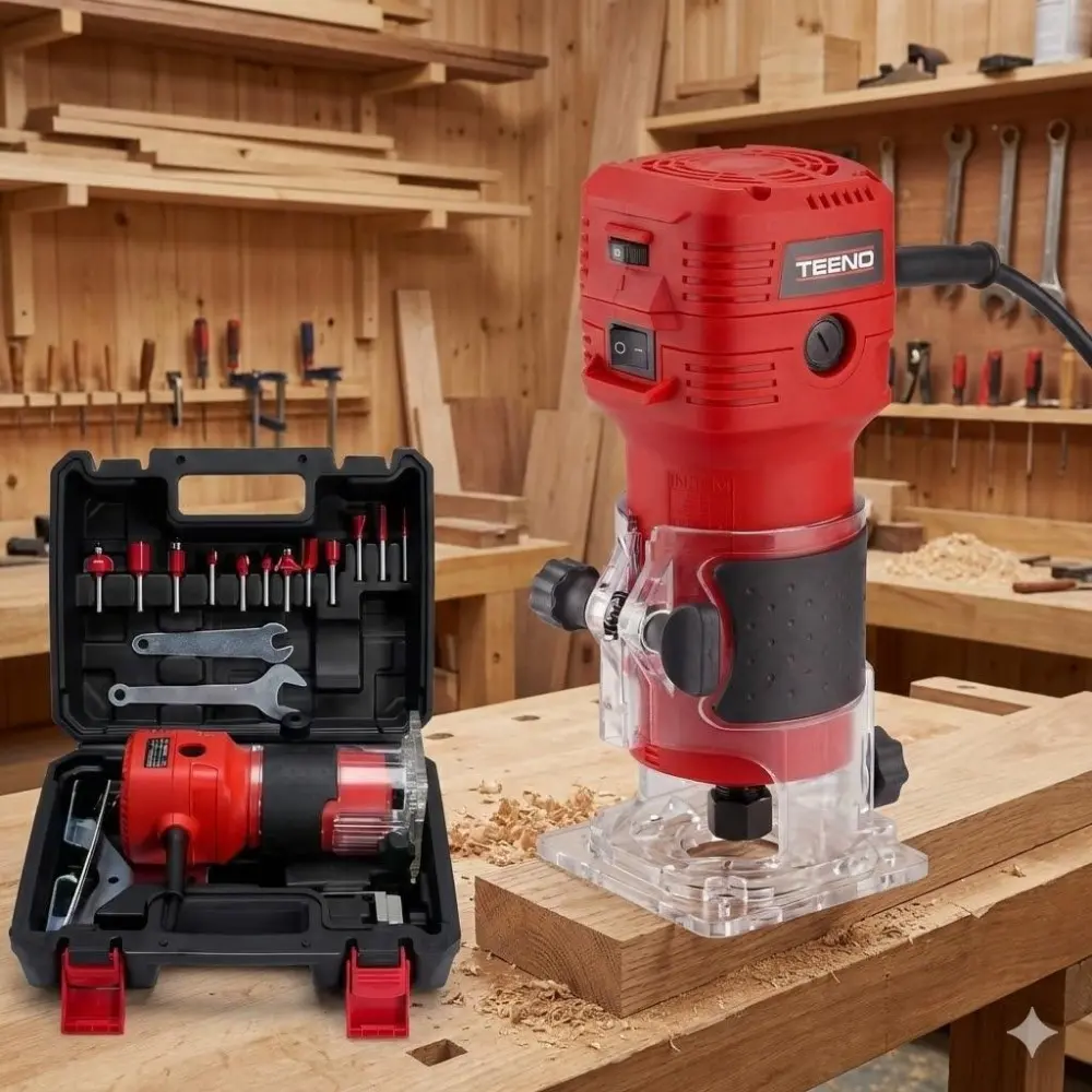 650W High-Speed Trim Router with 32000 RPM & 6-Speed Settings, Includes 1/4" 12pc Bit Set, Guide, and Portable Tool Case – Perfect for Woodworking Projects, Power Tools, Hardware