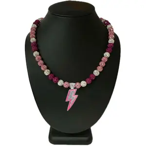 Iced Bling Disco Ball Rhinestone Pollyanna Crystal Bead Baseball Softball Necklace Hot Pink Lightning