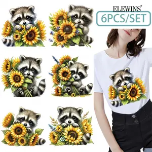 6Pcs Spring Raccoon Sunflower Heat Transfer Vinyl HTV Iron on Patches Appliques for Clothes Washer Safe DIY Decor Tshirt Hoodie Jeans Backpack Pillow Seasonal Theme