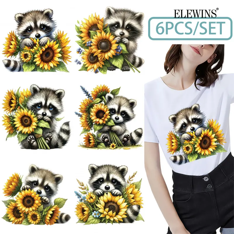 6Pcs Spring Raccoon Sunflower Heat Transfer Vinyl HTV Iron on Patches for Clothes DIY Tshirt Hoodie Jeans Backpack High Quality Washable Decorative Ironing Stickers