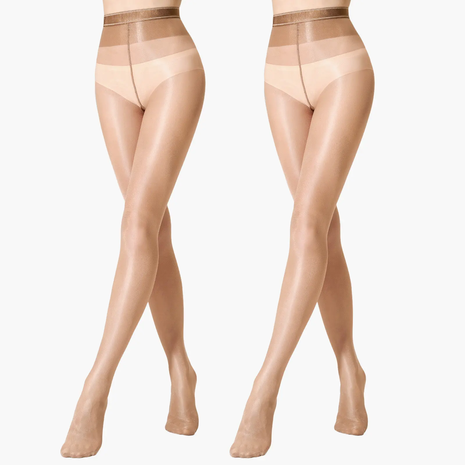 WiliW 2 Pairs Women's Shiny Tights Ultra Sheer Shimmer Pantyhose 30D Light Brown High Waist Oil Glossy Dance Jazz Stockings