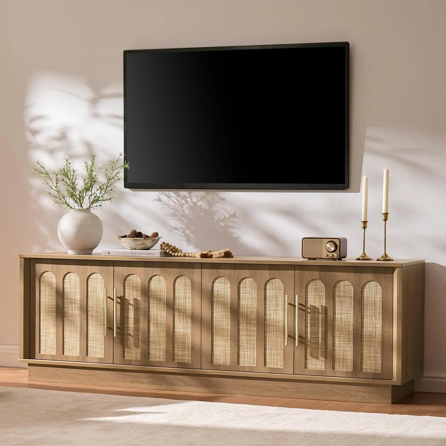 PieDle 67" Wide Boho Rattan TV Stand for 75 Inch TV, Mid-Century Modern Entertainment Center with 4 Arched Rattan Doors, Adjustable Shelves & Cord Holes, Media Console for Living Room