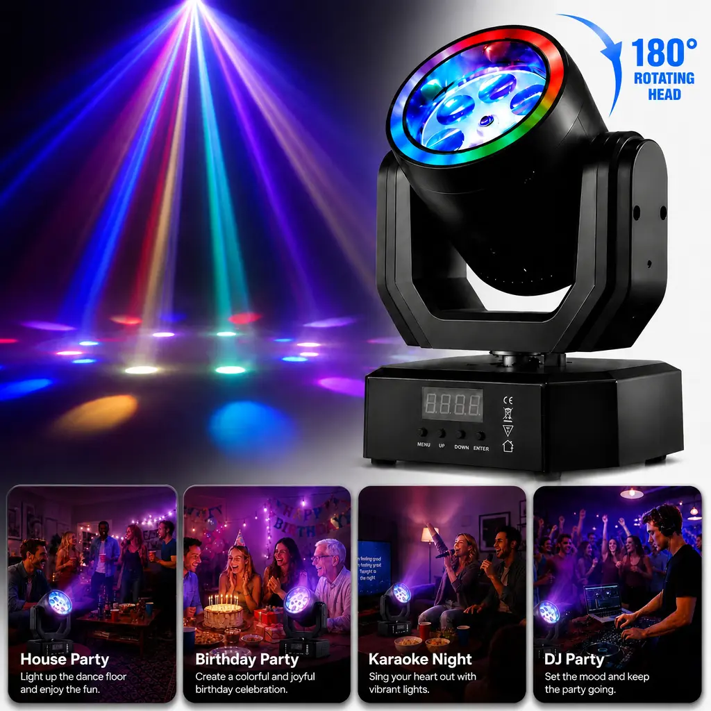 MDT 30W RGB LED Mini Moving Head DJ Stage Light with Bee Eye Halo Effects, Remote Control, DMX512 and Sound Activated Modes for Weddings, Karaoke, Disco, Parties, Clubs and Small Venues, Led Atmosphere Lights, Led Color Changing