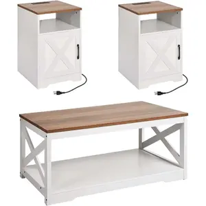 VEVOR 3 Pieces Farmhouse Coffee Table Sets, 40 Inch Industrial Coffee Table with 2 End Tables, Easy Assembly Coffee and Side Tables Sets with Charging Station, for Office, Living Room ApartmentVEVOR Super Brand Day