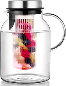 Glass Fruit Infuser Water Pitcher with Removable Lid - 2 Qt High-Heat Resistant Infusion Pitcher for Hot/Cold Water, Iced Tea-Flavor-Infused Beverages