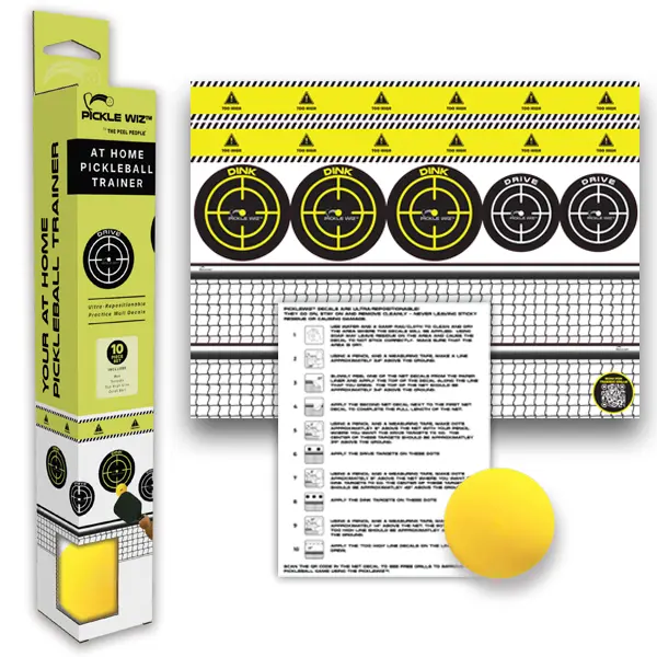 PickleWiz At Home Pickleball Trainer with Ultra Repositionable Decals Quiet Foam Ball & QR Code for Free Online Drills for Children & Adults