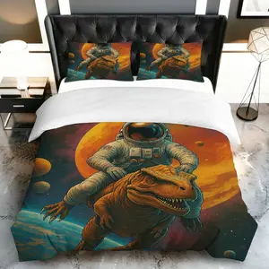 3PCS Duvet Cover Set, 1 Duvet+2 Pillowcases(Without filler), Astronaut Dinosaur Space Retro Adventure theme, Halloween bedding set, Unique colorful vibrant Suitable for decoration bedroom hotel dorm room studio.