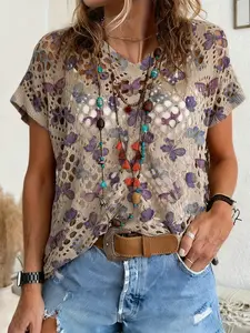 Spring Summer Bohemian Women's V Neck Crochet Loose Batwing Cover-Up with Colorful Butterfly Print Beach Tunic Top for Casual Vacation and Office Wear