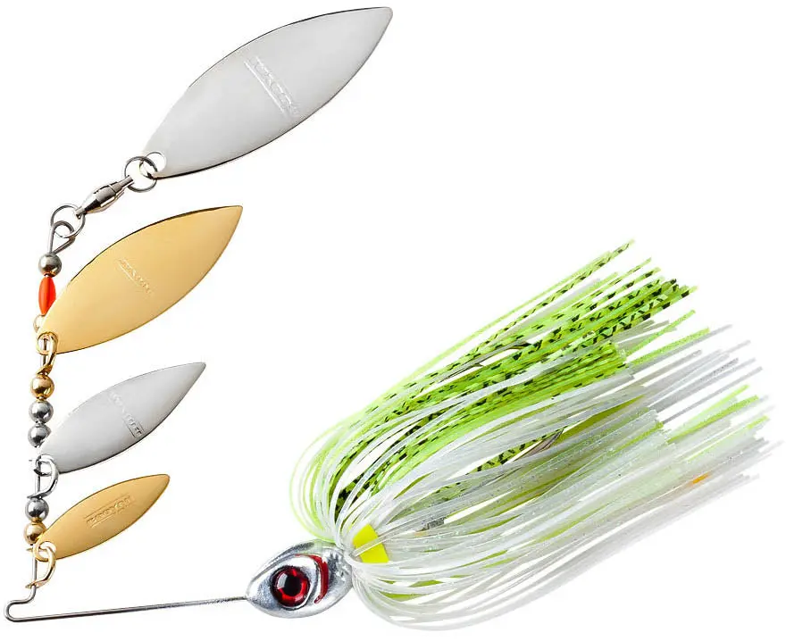 Booyah Super Shad 3/8 oz Spinnerbait for Adults' Spinnerfishing Trips - Metal 4 Willow Leaf Blades, 55-Strand Bio-Flex Silicone Skirt, Shad Shape, Water Displacement, Golden Shiner Design, Premium 4/0 Mustad Ultra Point Hooks, Several Great Colors Lures