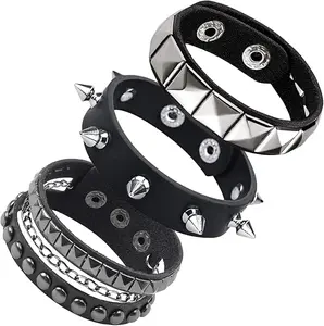 3 Pcs Punk Rock Studded Bracelet Set Spiked Leather Cuff Bracelet for Men Women 80s Wristband Emo Bracelet Adjustable