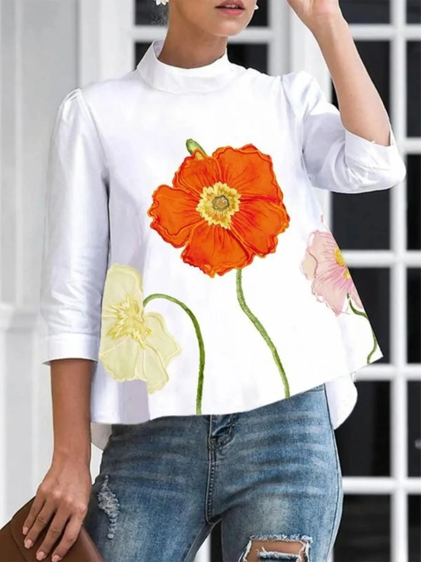 Women's Floral Print Blouse, Casual Boho Blouses, Elegant 3/4 Sleeve Button Decor Stand Collar Top for Spring & Fall, Ladies Clothes for Daily Wear, Womenswear, Casual Classy Top, Boho Clothing