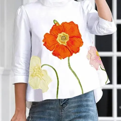 Women's Boho Style Floral Print Blouse, Casual Blouses, Elegant 3/4 Sleeve Button Decor Stand Collar Top for Spring & Fall, Ladies Clothes for Daily Wear, Womenswear, Casual Classy Top, Boho Clothing