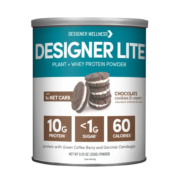 Designer Lite Protein Powder - Low Calorie Natural Protein, Prebiotic Fiber, Key Vitamins & Minerals, Chocolate Cookies & Cream Flavor, 9.03oz (Designer Wellness Fitness Supplement)