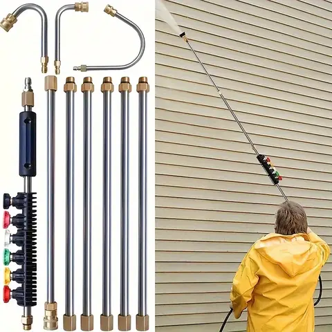 Pressure Washer Extension Wand 10 Pack, Power Washer Lance With 5 Atomization Nozzle Tips & 1 Curved Gutter Cleaner Rod, Pressure Washer Gun Not Included, For Gutter Roof Drainage Walls Cleaning #Summervibes，homeessentials