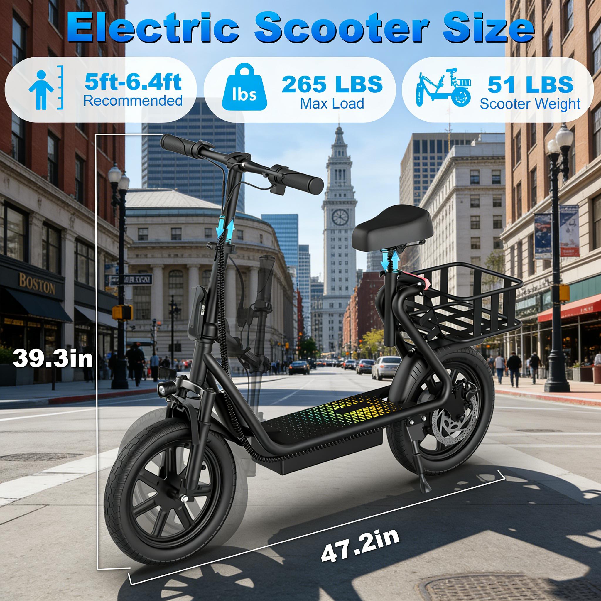 Electric Scooter for Adults with Seat,48V 10.4Ah Battery, Top Speed 22 mph, Driving Range 21-27 Miles, Pet-Friendly Design with Rear Basket