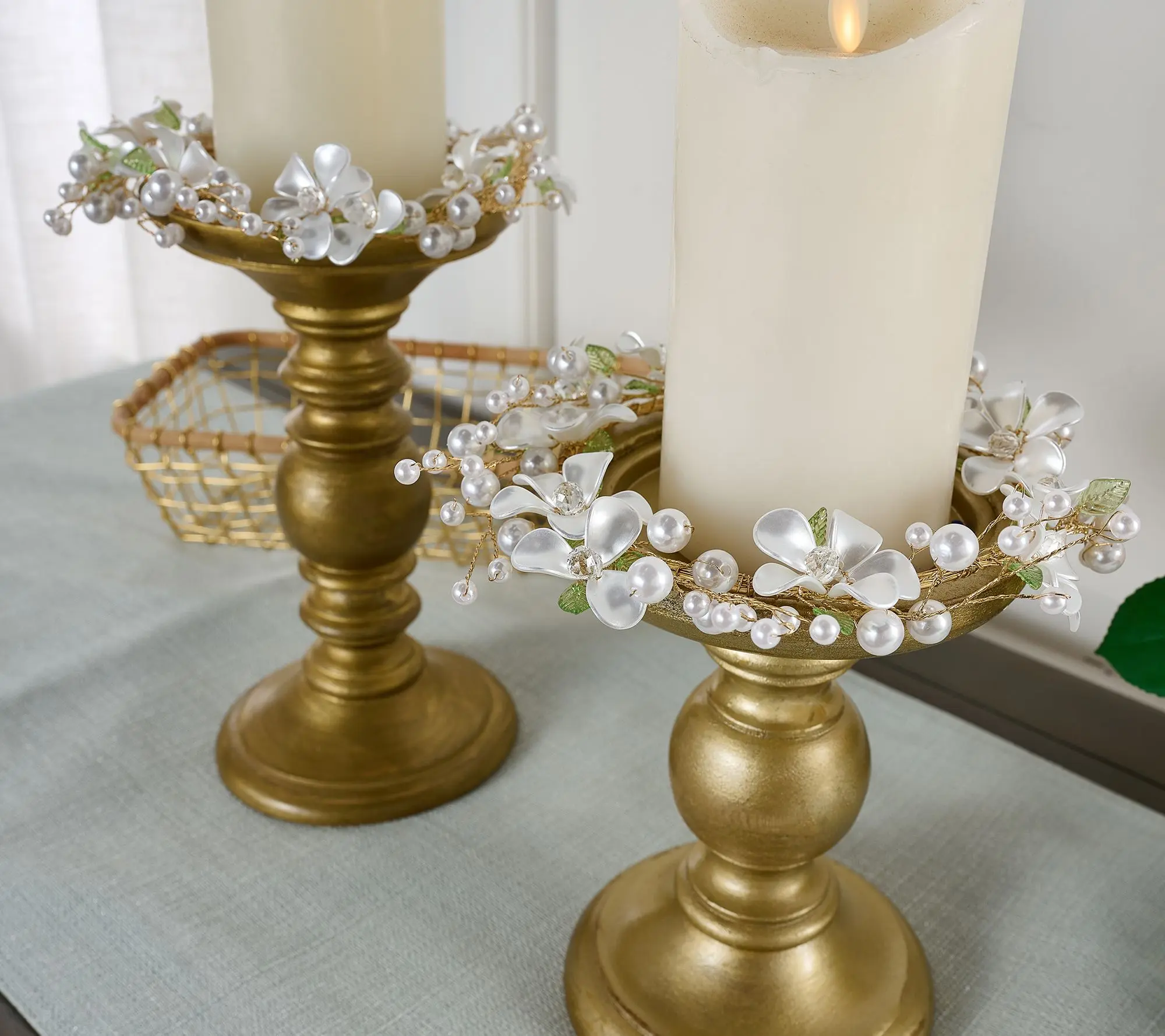 2Pc Pearlized Flower & Bead Candle Rings with Leaves by Valerie