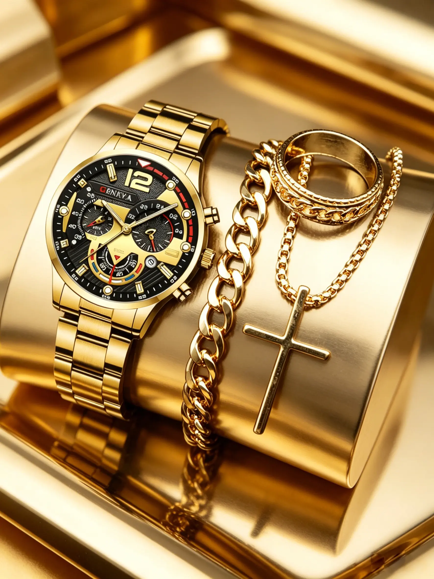 4PCS Men's Geneva Quartz Watch Set, Multi-Color Options(Black/Gold/Silver), Triple Dial Calendar Steel Band Watch Analog Watches + Cross Necklace + Carved Ring Combo, Trendy Business Accessories, Fade Resistant, Ideal Gift for Daily & Business Use