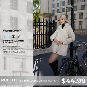 PUFFIT WarmCore Premium Mid-length Diamond Quilted Drawstring-waist PUFFER Style,Classic Diamond Pattern,Waist-cinching Lightweight Cotton Jacket,High-density Integrated Quilting Lightweight, Comfortable For Commuting, Stylish For Going Out SpringStatemen