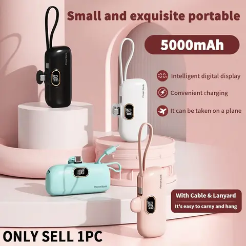5000mAh Mini Power Bank, Usb Power Bank, Portable Powerbank, Portable Charger, LED Display, Includes a Cable (Doubles as Lanyard), Birthday/Christmas Gift, Three Input/Output Options, Choose Version by Device (iOS/Android Compatible), Battery Pack