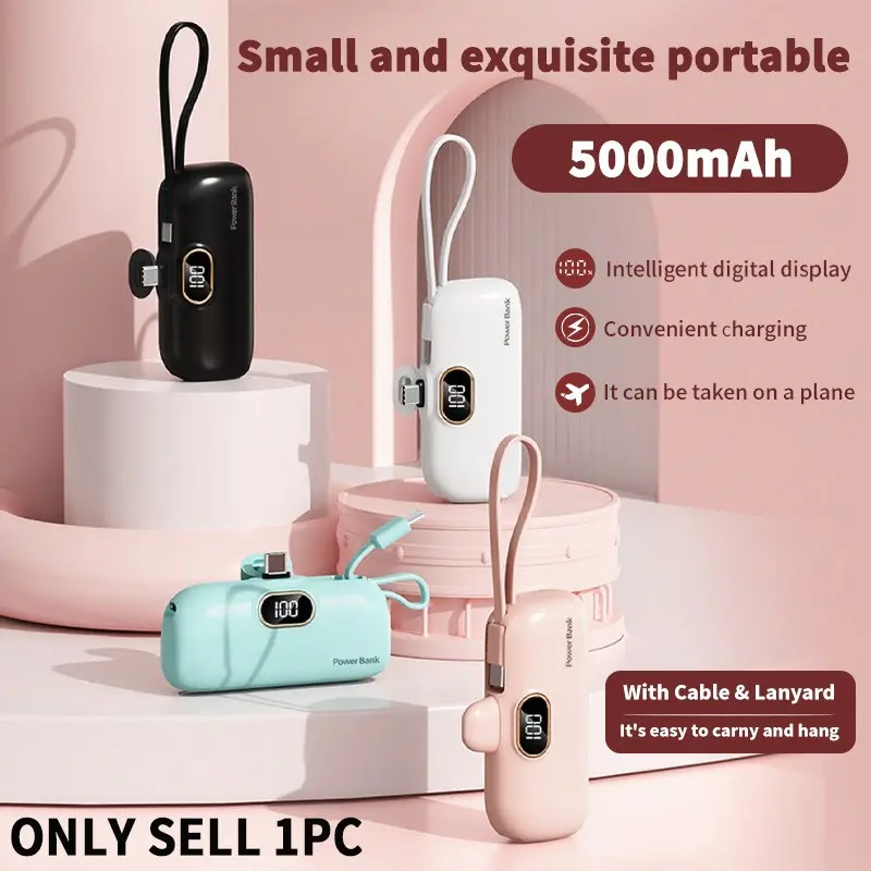 5000mAh Mini Power Bank, Usb Power Bank, Portable Powerbank, Portable Charger, LED Display, Includes a Cable (Doubles as Lanyard), Birthday/Christmas Gift, Three Input/Output Options, Choose Version by Device (iOS/Android Compatible), Battery Pack