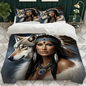2D Print 3-Piece Beauty and Wolf Pattern Bedding Set, Soft Breathable Polyester Fabric, All-Season Use, Bedroom Decor, Decorative Bedding Set