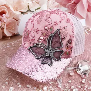 Women's Baseball Hat Mesh With Air Permeable Shade Hat, Butterfly Embroidery Sequin Trend Hat, Women's Dot Diamond Cap, Street Casual Fashion Hat, Acrylic, Female