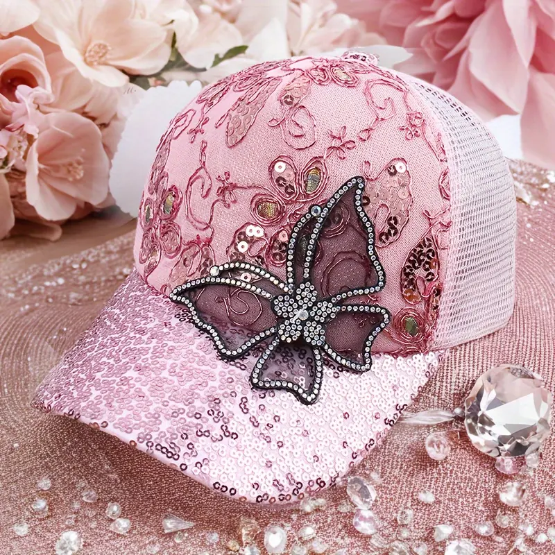 Women's Sequin Butterfly Trucker Cap, Breathable Mesh Embroidered Headwear with Rhinestone Accents and Adjustable Buckle