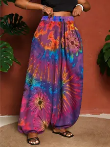 Women's Plus Size Casual Wide Leg Pants Tie Dye Boho Bohemian Drawstring Joggers, Comfortable Loose Fit Sweatpants for Daily Wear