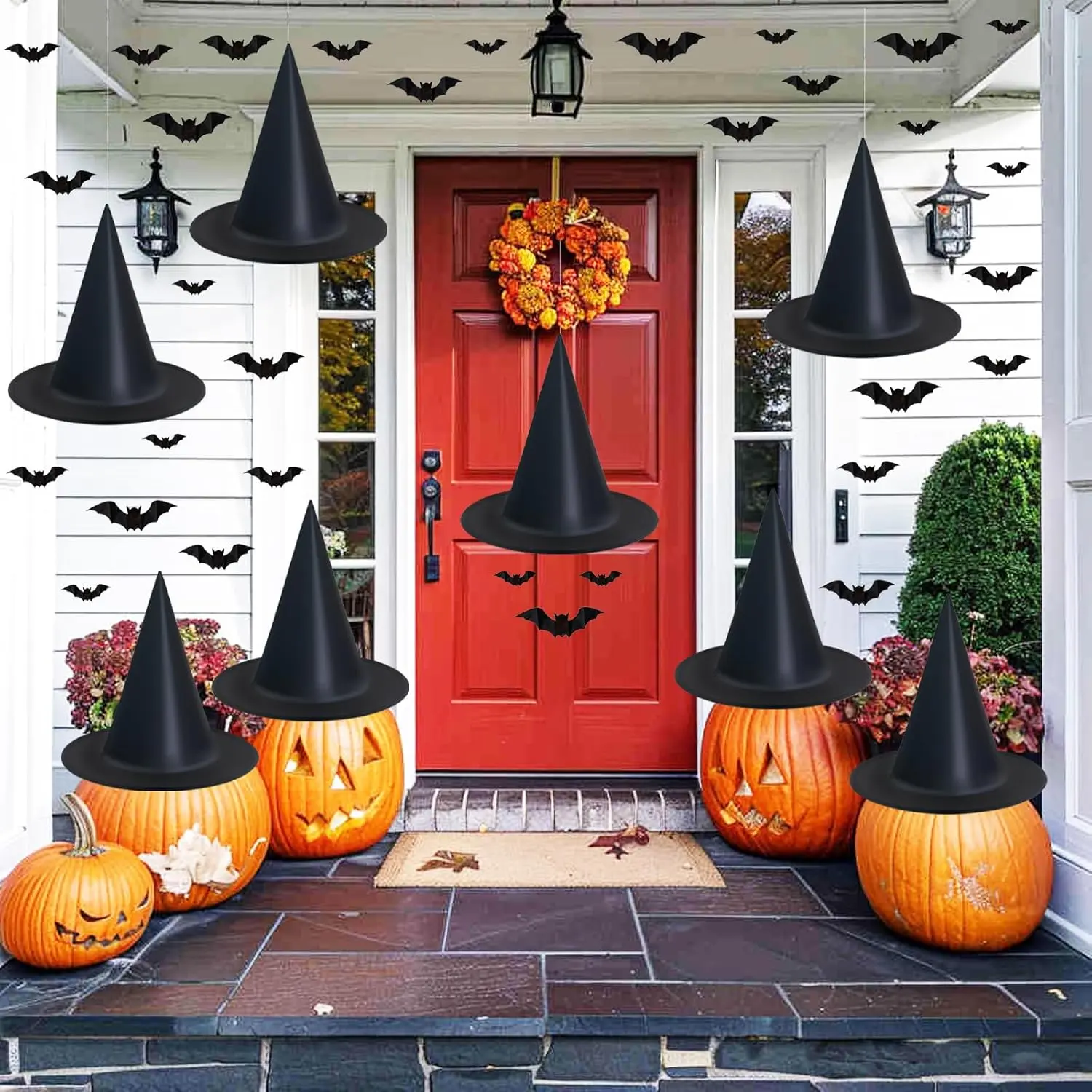 hats 8 Pack Halloween Witches Hat with 108  Hanging Rope & 32 count 3D Bats, Hanging  Hats Halloween Decor Witches Costume Accessory for Party Favor