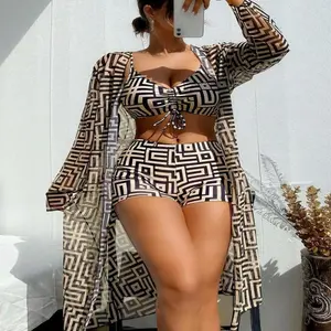 Three-piece Set Women's Geometric Print Drawstring Swimsuit Set, Bikini Sets, Ladies Swimwear for All Seasons, Bikini Top Trunks, Bikini Outfits, Beach Ready