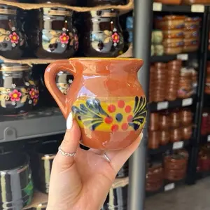 Glossy Ceramic Brown Jarrito Coffee Mugs - Reusable Clay Design, Ideal for Coffee Drinking - Reuse, Drinkware, Washable Traditional Ceramic, Handmade & Decorated, Lead Free, Keeps Hot/Warm, 12oz Capacity - Tumbler mug Mexican ceramic mug