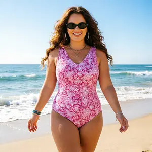 FreeBody | Plus-size printed one-piece swimsuit, V-neck swimsuit with waist-cinching shaping, one-piece swimsuit with adjustable thin straps, slimming plus-size swimsuit, full bodycon bottoms, two color options, mom swimwear, women’s tankini.