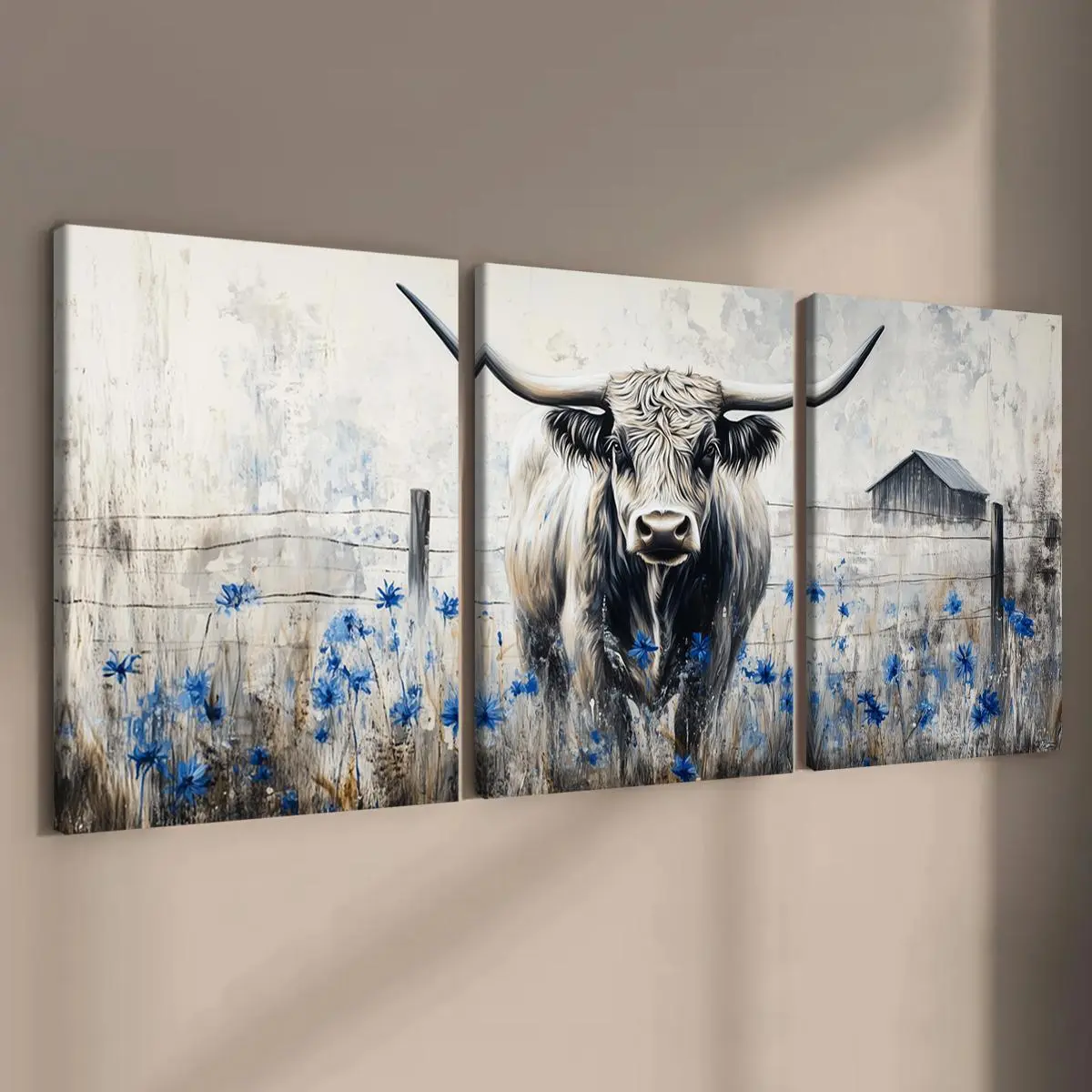Highland Cow Pattern Canvas Painting, 3 Counts/set Wooden Framed Canvas Painting, Modern Art for Home Living Room Bedroom Office Decor, Flower Painting Canvas