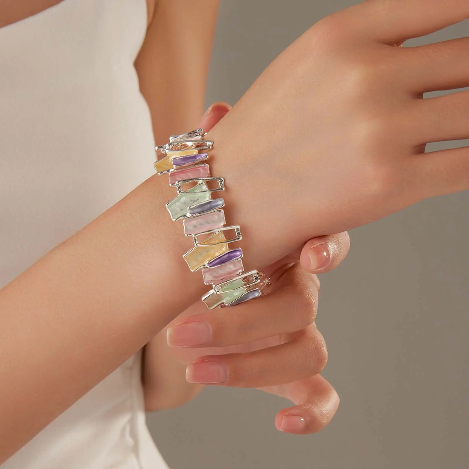 Irregular Stacking Bracelet for Women, Handcrafted Geometric Alloy Jewelry with a Colorful Oil Drip Finish and Gemstone Accent, Art, Handmade Craft, Female, Adults, Daily, Oil Drip Art, Everyday Wear, Artistic Oil Drip Finish