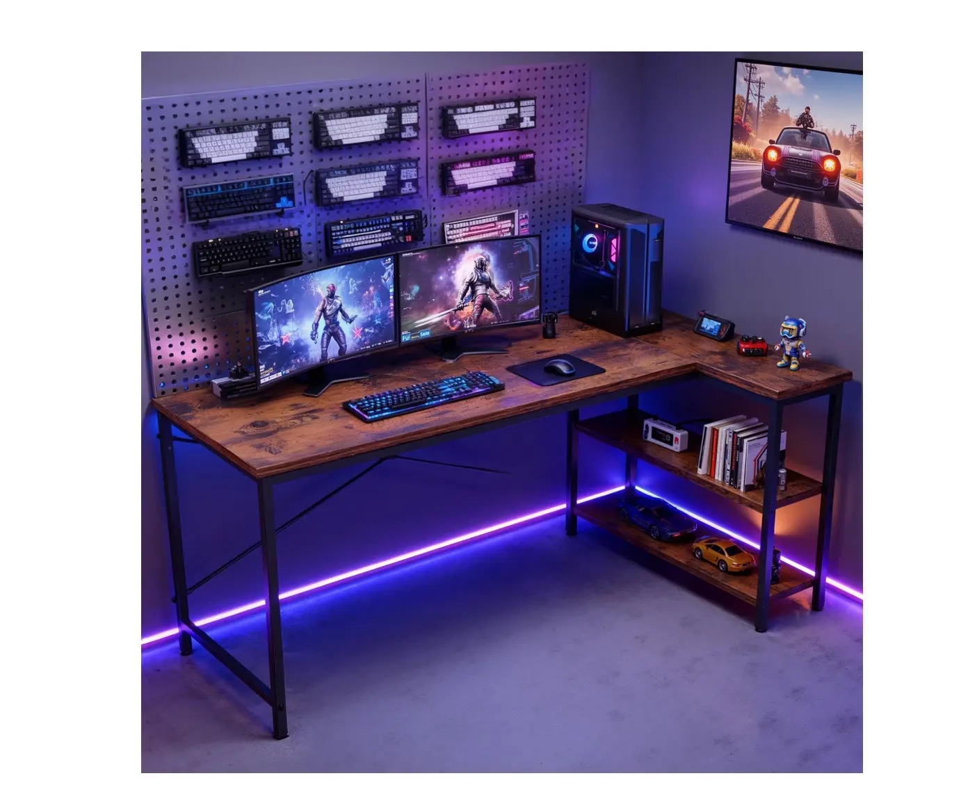 47” L Shaped Computer Desk with Reversible Storage Shelves, Corner Gaming Desk with PC Stand, Home Office Writing Study Table, Black