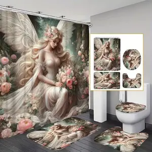 This 1/4-piece, Bathroom accessory, fairy-patterned shower curtain set includes a non-slip mat, a U-shaped rug, and a toilet seat cover. Perfect for bathroom decoration, partitioning. Comes with 12 shower curtain hooks