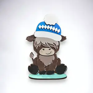 Highland Cow Home Decor with Interchangeable Holiday and Season hats, MDF, Hand painted