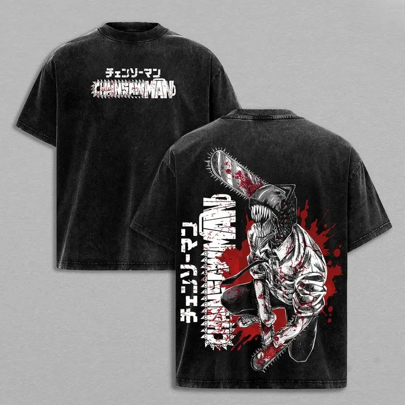 Chainsaw Man Graphic T-Shirt for Men, Oversized Vintage Washed Heavy Cotton Top with a Distressed Figure Print, Everyday, Fitted, No, L, S, Shortsleeve, All Seasons, Casual