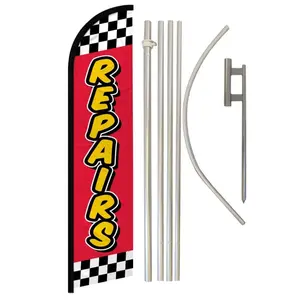 Windless Advertising Super Flag & Steel-Aluminium Pole Complete Kit, 11.5x2.5 ft Red Checkered Polyester Banner, Home & Festive Party Supplies Backdrop