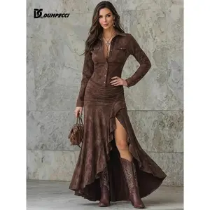 Women's Vintage Western Suede Long Dress Retro Brown Button Down Lapel V-Neck Long Sleeve Irregular Ruffle Fishtail Hem Boho Cowgirl Maxi(Sheets)