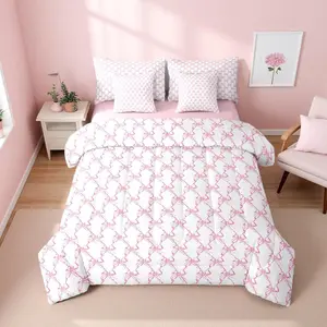 Girls Bowknot 7 Piece Comforter Bed Set,Cute Pink Bow Coquette Bedding Set,Girly Bow Tie Comforter,Dreamy Princess Style Sheets,Butterfly Knot Bed Set